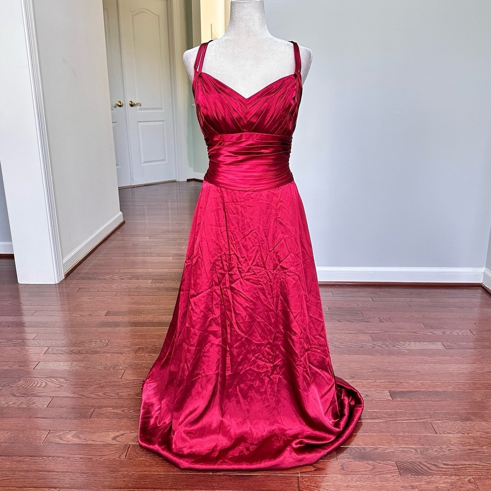 Made in USA Belsoie Red Satin Plunge Feminine Dainty Simple Gown Dress